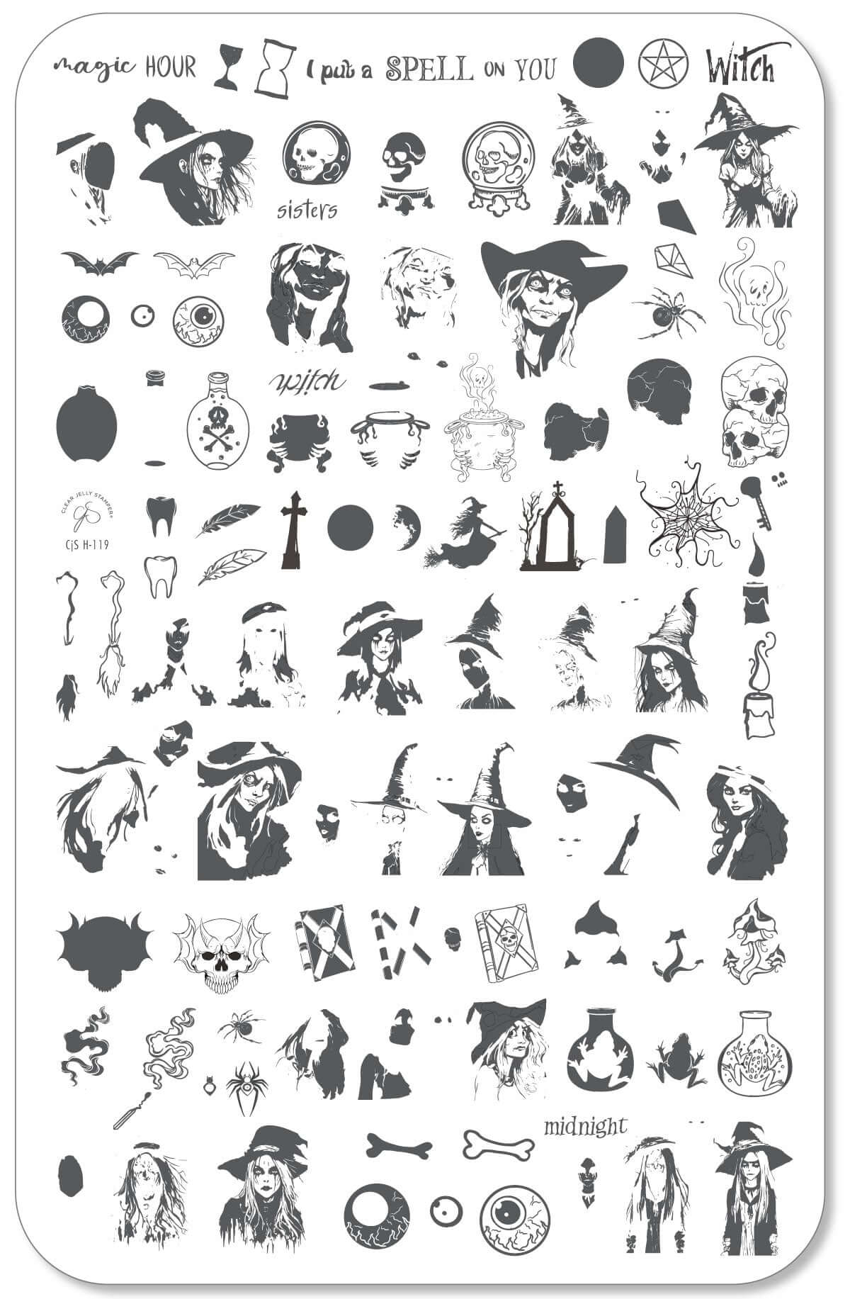 layered-nail-art-stamping-plate-with-halloween-designs-of-witches-potions-bats-and-words-for-nail-art