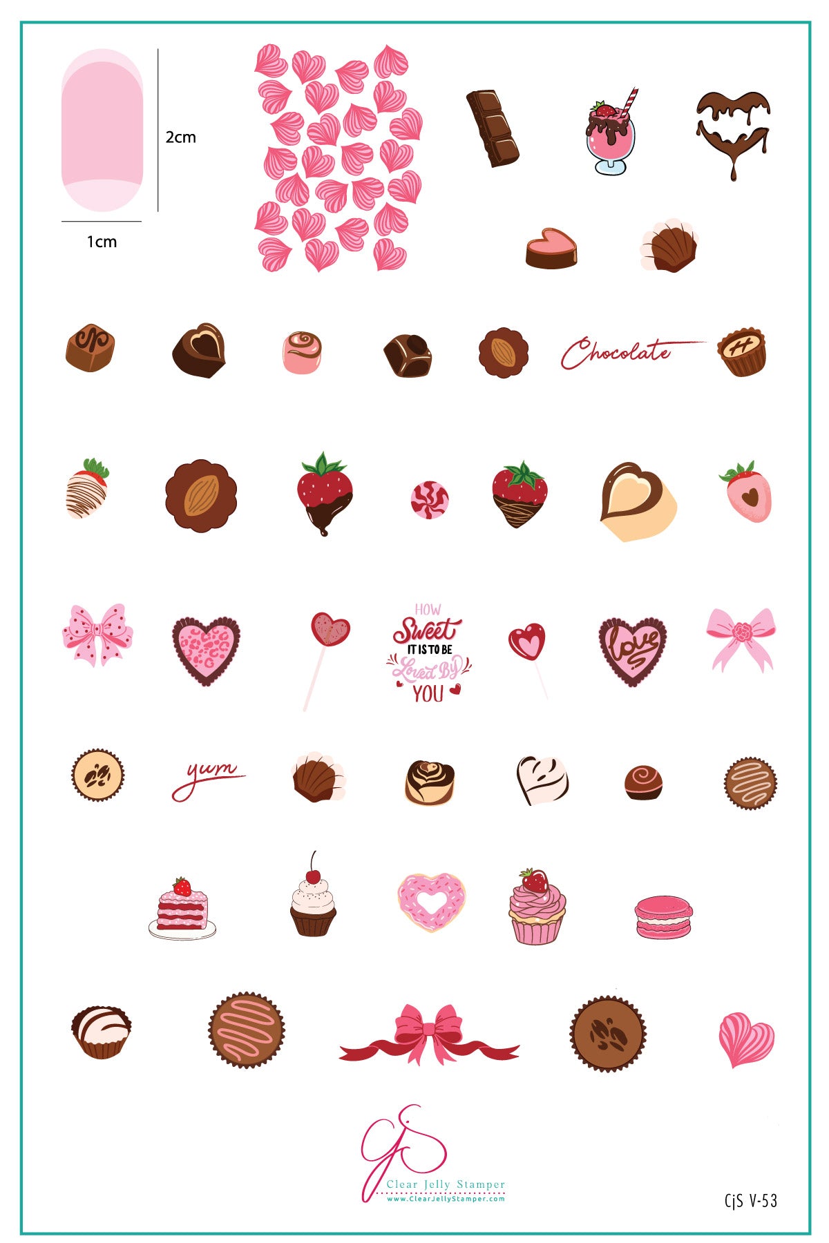 layered-nail-art-stamping-plate-inspo-card-showing-colorful-designs-of-sweet-treats-chocolate-dipped-strawberries-candy-cupcakes-hearts-bows-and-words-for-nail-art