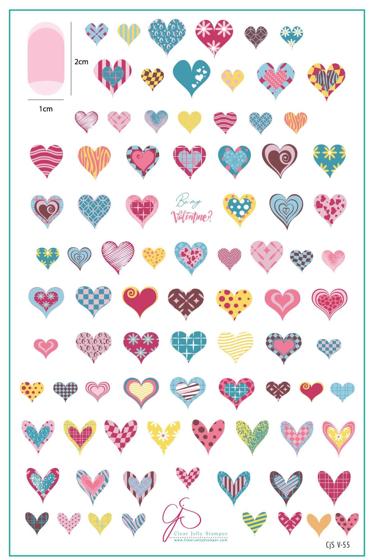 layered-nail-art-stamping-plate-inspo-card-showing-colorful-designs-of-patterend-hearts-and-words-for-nail-art