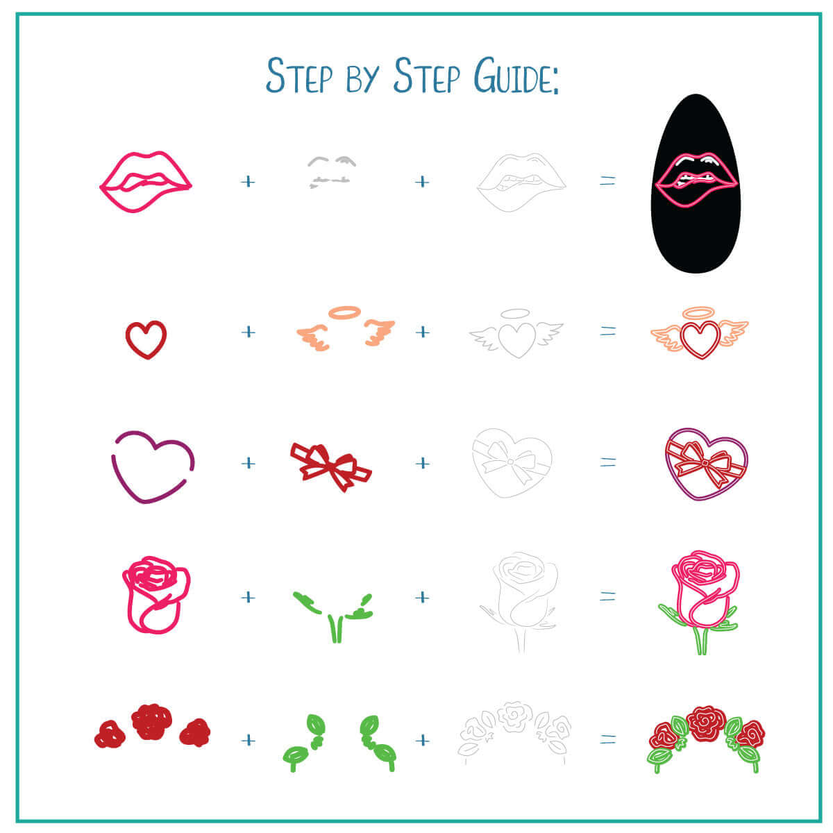 layered-nail-art-stamping-plate-how-to-card-showing-colorful-designs-of-neon-retro-signs-of-hearts-lips-and-roses