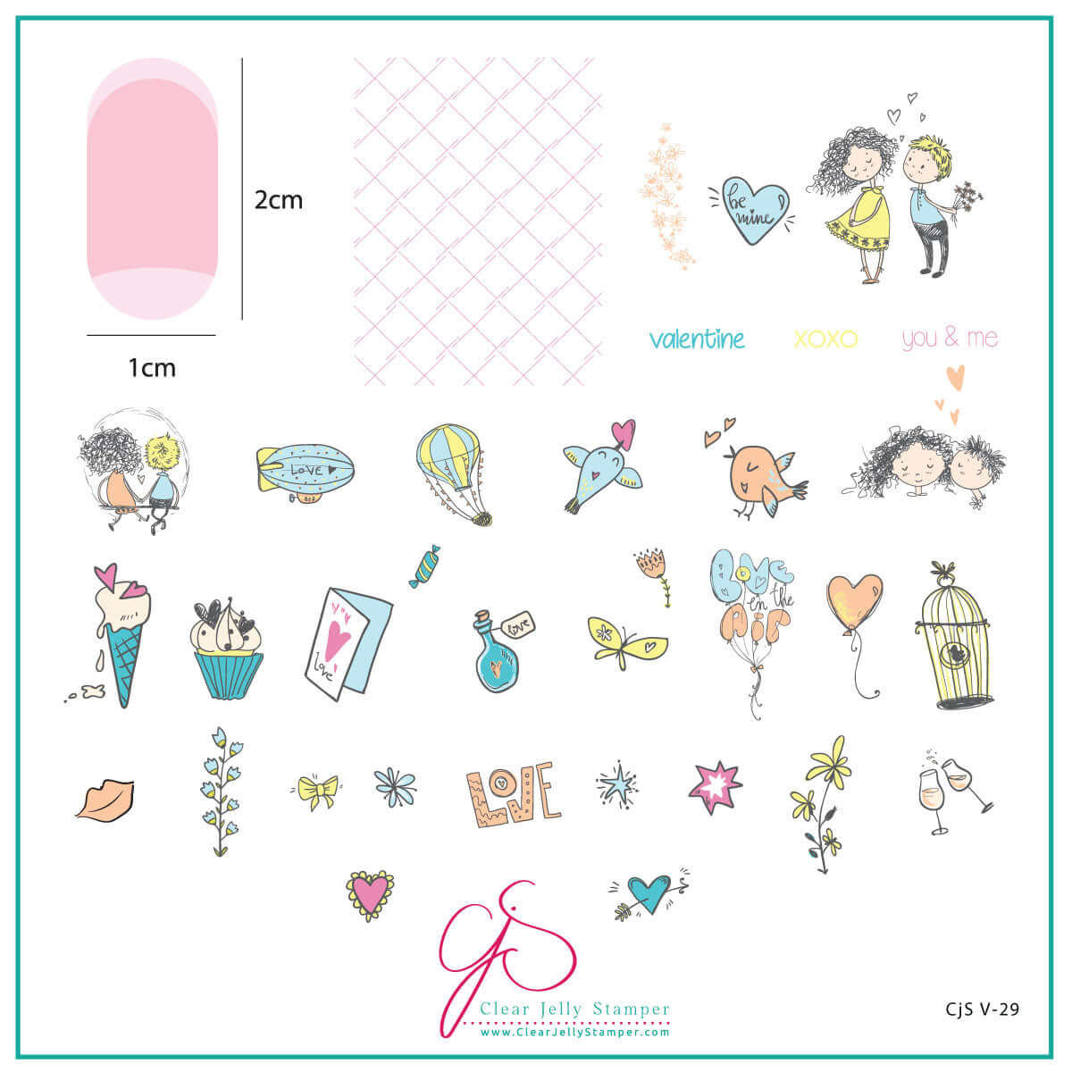 layered-nail-art-stamping-plate-inspo-card-showing-colourful-designs-of-cartoon-birds-couple-balloons-love-birds-and-words-for-nail-art