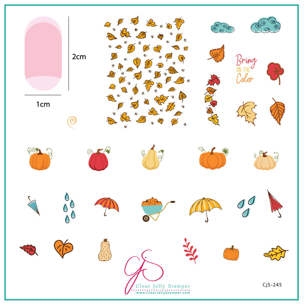 layered-nail-art-stamping-plate-inspo-card-shwoing-colorful-designs-of-leaves-pumpkins-raindrops-and-words-for-nail-art