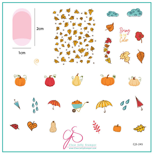 layered-nail-art-stamping-plate-inspo-card-shwoing-colorful-designs-of-leaves-pumpkins-raindrops-and-words-for-nail-art