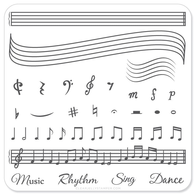 Music and Notes (CjS-11) - Steel Nail Art Stamping Plate 6x6 Clear Jelly Stamper