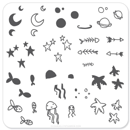 Sea and Stars Doodle (CjS-19) - Steel Nail Art Stamping Plate 6x6 Clear Jelly Stamper