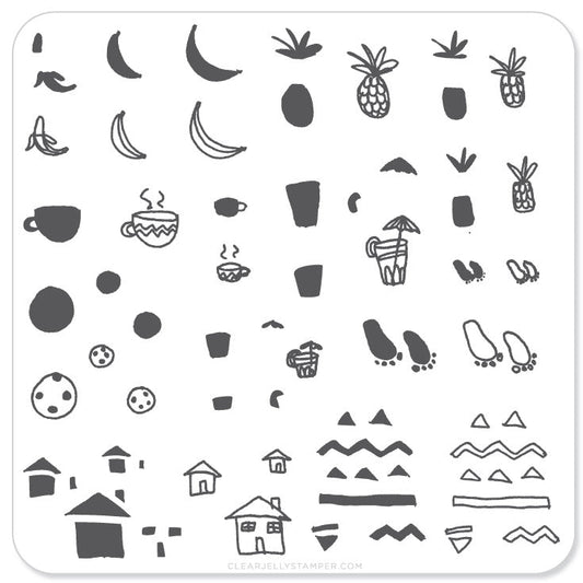 Summer Drinks and Fruit Doodle (CjS-20) - Steel Nail Art Stamping Plate 6x6 Clear Jelly Stamper