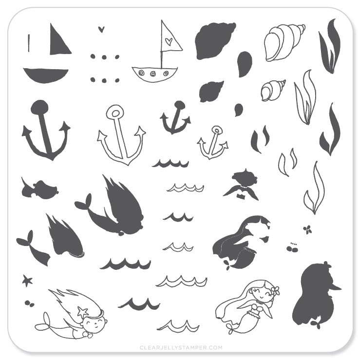 Mermaid Doodle 1 (CjS-24) - Steel Nail Art Stamping Plate 6x6 Clear Jelly Stamper