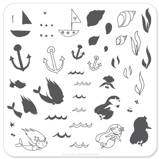 Mermaid Doodle 1 (CjS-24) - Steel Nail Art Stamping Plate 6x6 Clear Jelly Stamper
