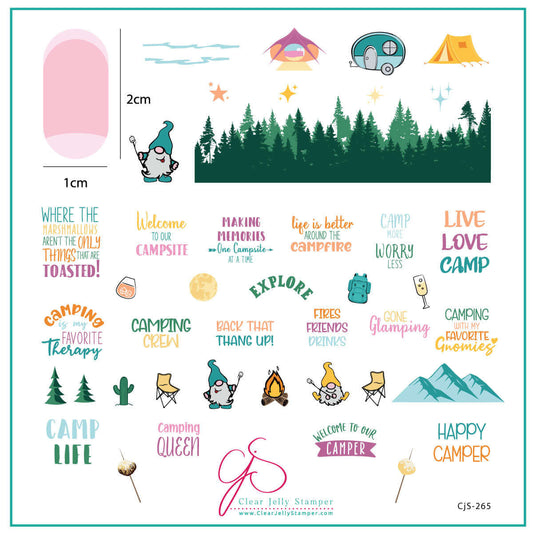 layered-nail-art-stamping-plate-inspo-card-showing-colorful-designs-of-gnomes-camping-trees-mountains-and-words-for-nail-art