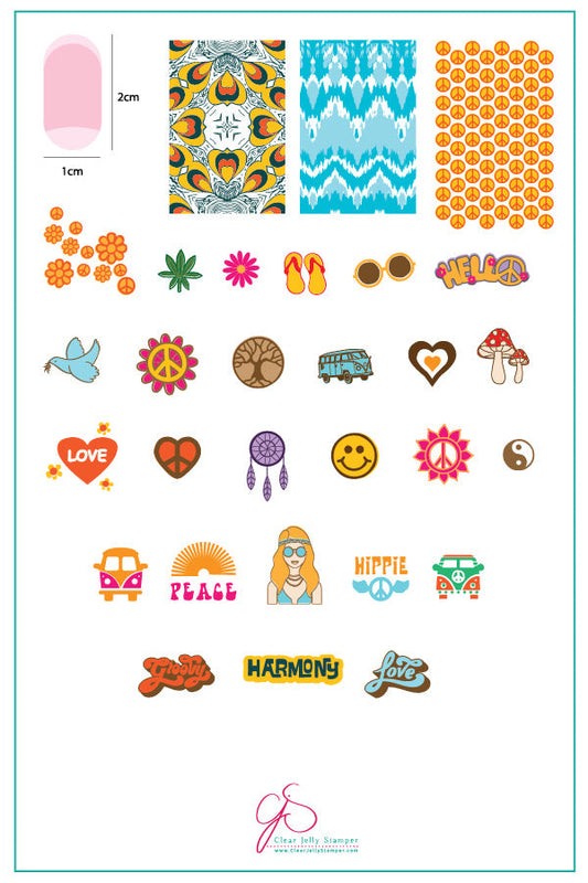 Hippie Harmony (CjS-117) Steel Nail Art Stamping Plate 14 x 9 Clear Jelly Stamper