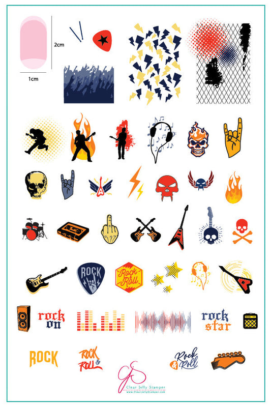 Rock On! (CjS-121) Steel Nail Art Stamping Plate 14 x 9 Clear Jelly Stamper