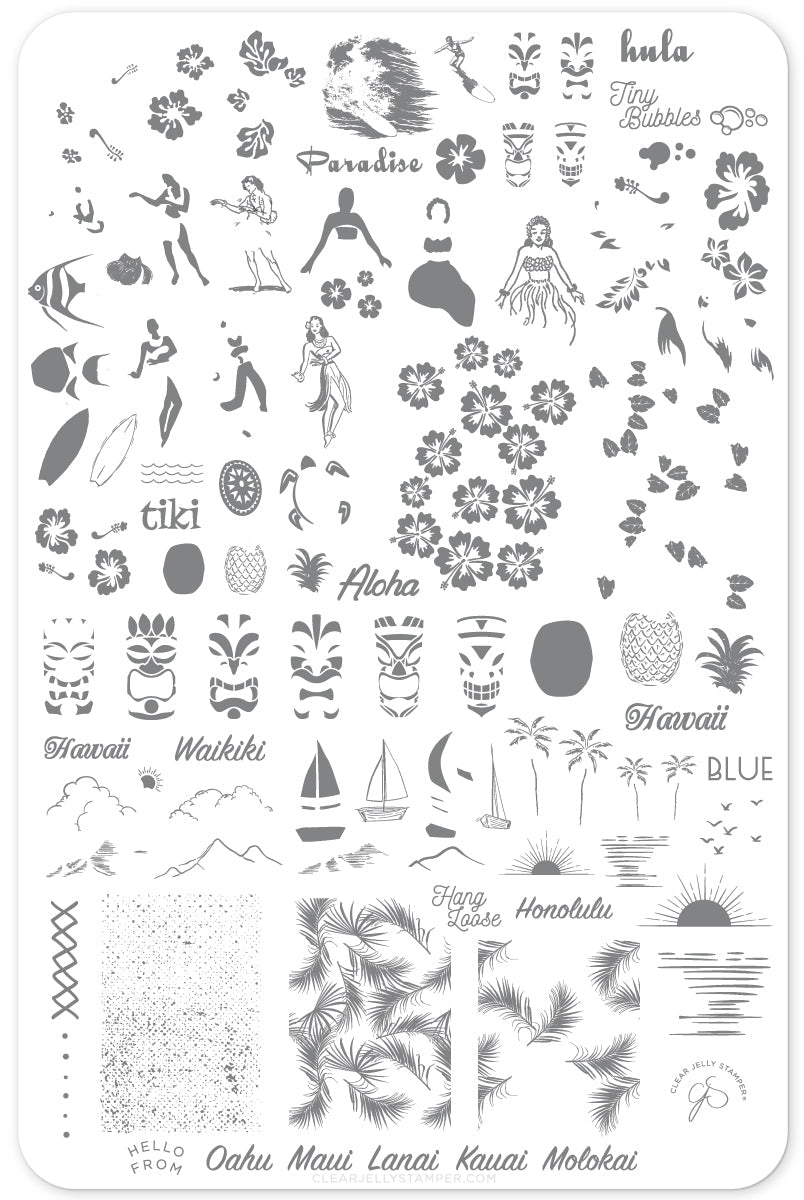 Aloha! (CjS-128) Steel Nail Art Stamping Plate 14 x 9 Clear Jelly Stamper