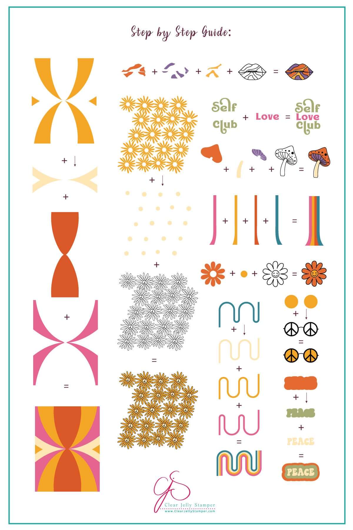 layered-nail-art-stamping-plate-how-to-card-with-colorful-designs-of-flowers-retro-waves-clouds-peace-sign-and-words-for-nail-art