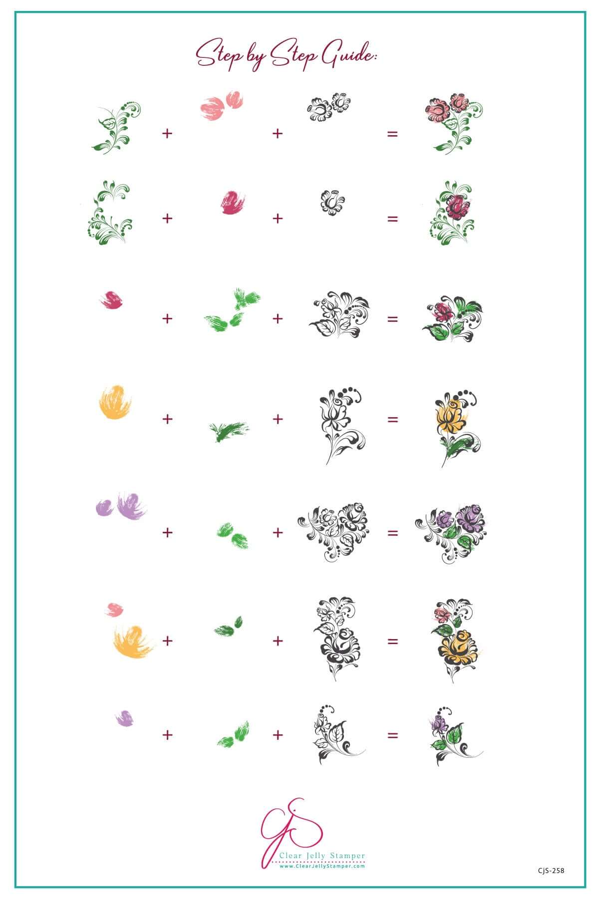 layered-nail-art-stamping-plate-how-to-card-with-colorful-designs-of-flowers-and-leaves