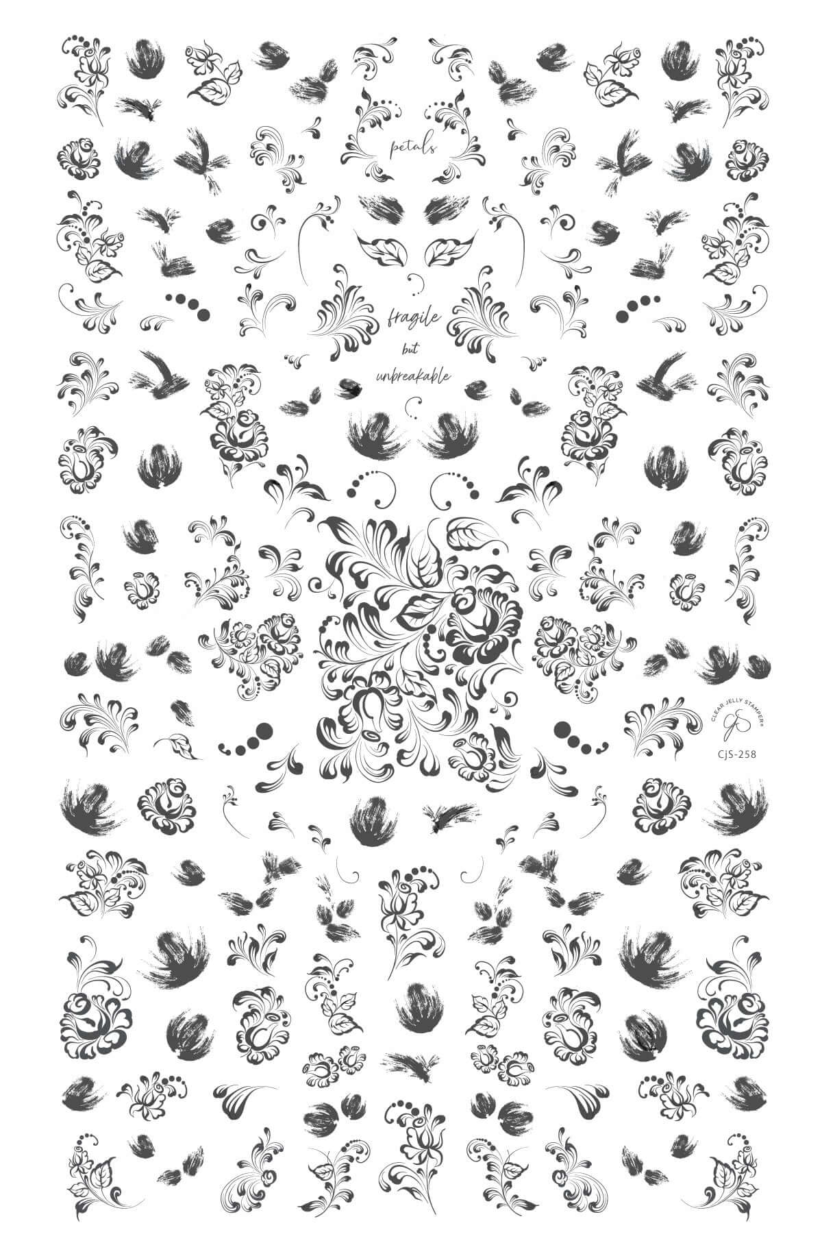 layered-nail-art-stamping-plate-with-designs-of-flowers-leaves-swirls-and-words-for-nail-art