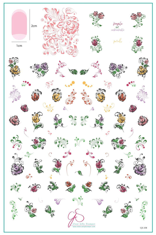 layered-nail-art-stamping-plate-inspo-card-with-colorful-designs-of-flowers-leaves-swirls-and-words-for-nail-art