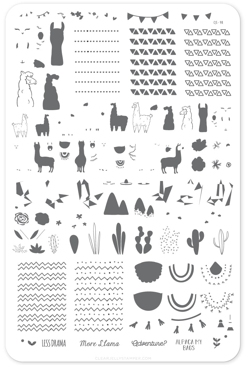 Love at First Llama (CjS-98) Steel Nail Art Stamping Plate 14 x 9 Clear Jelly Stamper