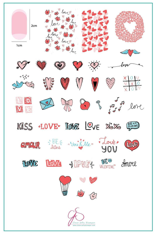 layered-nail-art-stamping-plate-inspo-card-showing-colorful-designs-of-hearts-lock-key-birds-and-words-for-nail-art