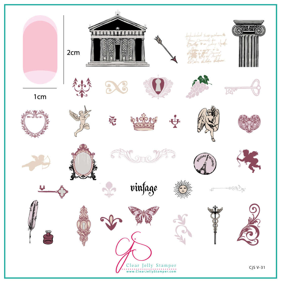 layered-nail-art-stamping-plate-inspo-card-with-colourful-designs-of-chrubs-vintage-mirrors-script-vintage-keys