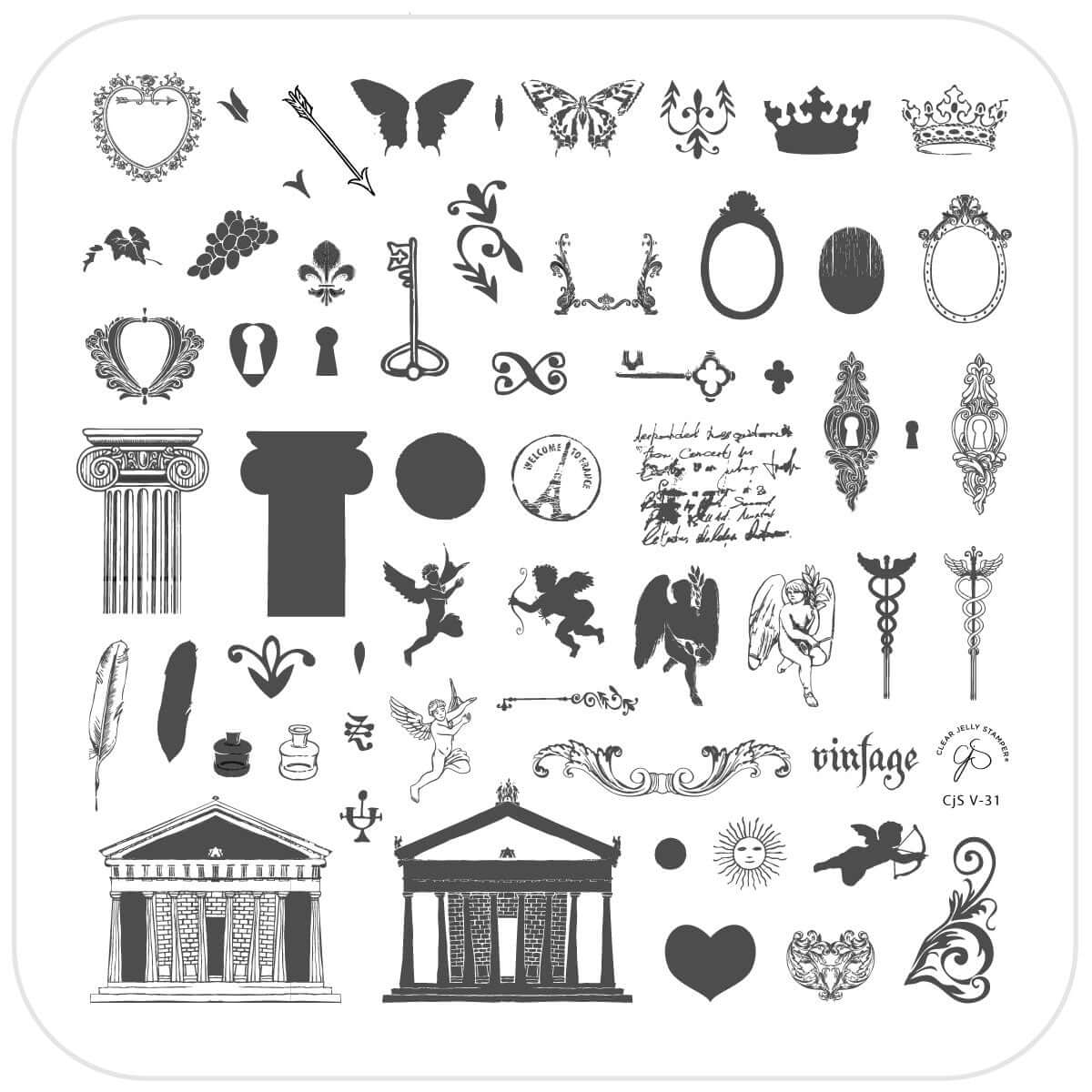 layered-nail-art-stamping-plate-inspo-card-with-colourful-designs-of-chrubs-vintage-mirrors-script-vintage-keys