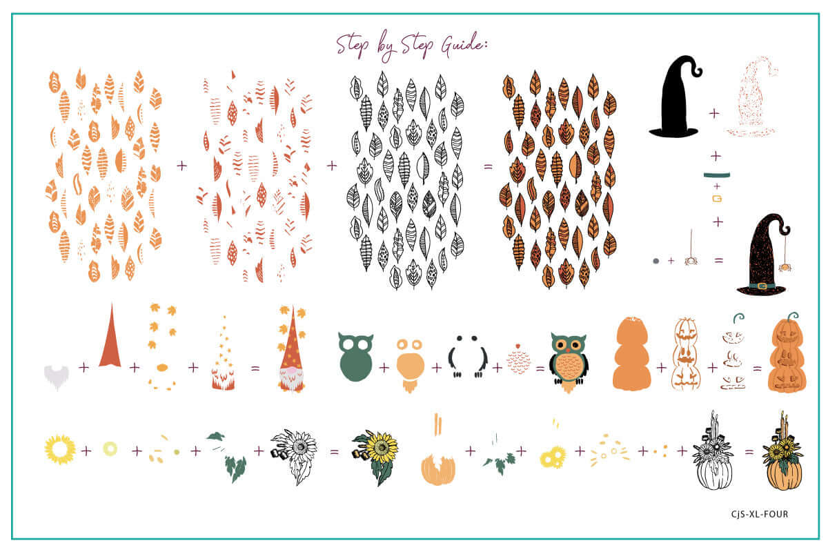 layered-nail-art-stamping-plate-how-to-card-with-colourful-designs-of-leaves-pumpkins-an-owl-and-sunflowers