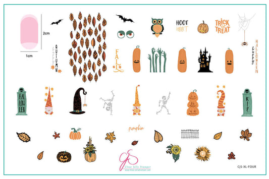 layered-nail-art-stamping-plate-inspo-card-with-colourful-designs-of-leaves-pumpkins-bats-sunflowers-and-words-for-nail-art