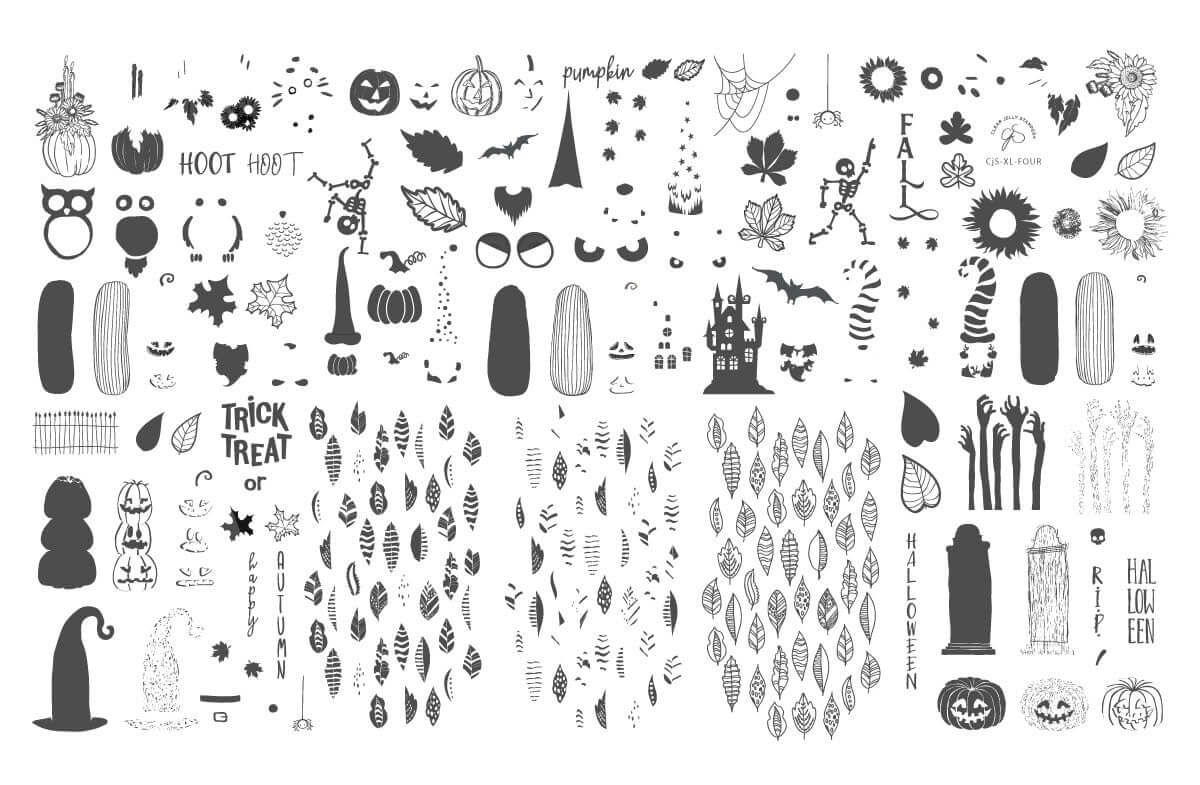 layered-nail-art-stamping-plate-with-designs-of-leaves-pumpkins-bats-sunflowers-and-words-for-nail-art