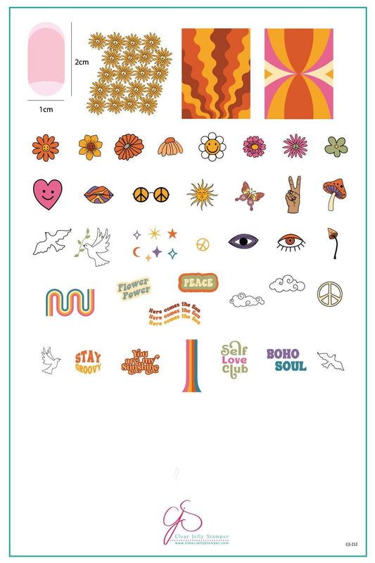 layered-nail-art-stamping-plate-inspo-card-with-colorful-designs-of-flowers-retro-waves-clouds-peace-sign-and-words-for-nail-art