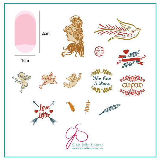 layered-nail-art-stamping-plate-inspo-card-showing-colourful-designs-of-cupids-feathers-and-words-for-nail-art