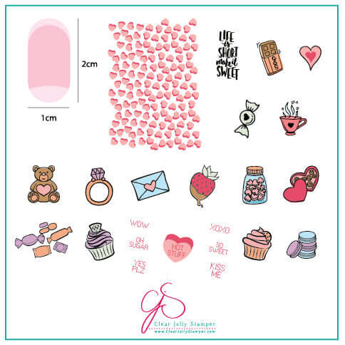 layered-nail-art-stamping-plate-inspo-card-showing-colourful-designs-of-candy-hearts-cupcakes-and-words-for-nail-art