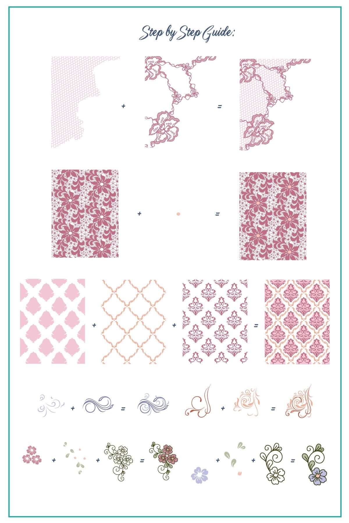 layered-nail-art-stamping-plate-how-to-card-with-colorful-delicate-designs-of-lace-swirls-and-floral-designs