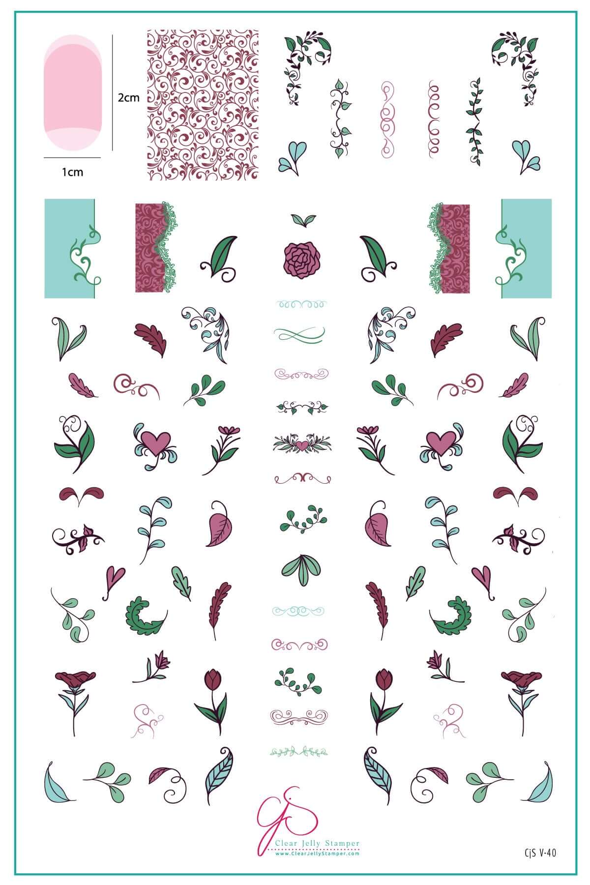 layered-nail-art-stamping-plate-inspo-card-showing-colorful-designs-of-leaves-swirls-and-twirly-hearts