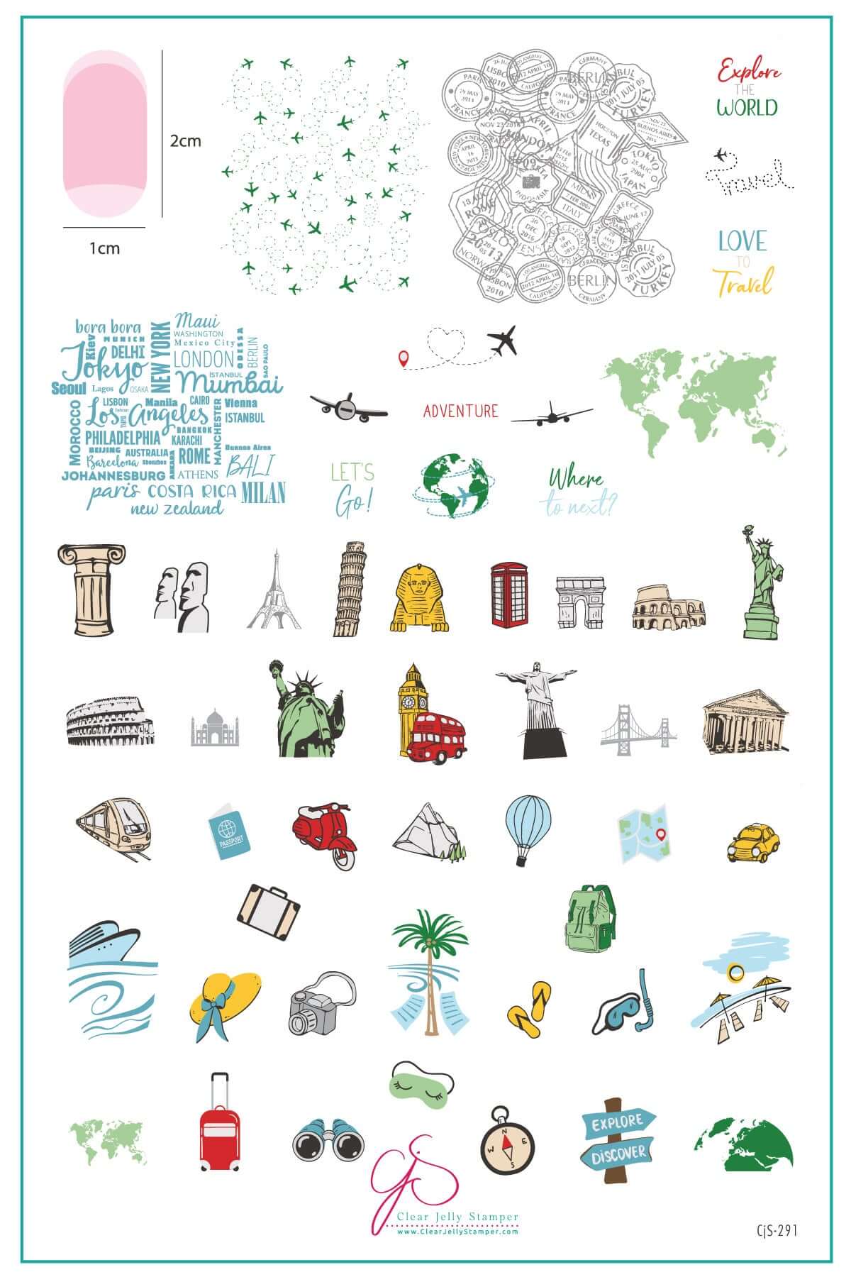 layered-nail-art-stamping-plate-inspo-card-showing-colorful-designs-of-iconic-world-landmarks-planes-travel-equipment-and-words-for-nail-art