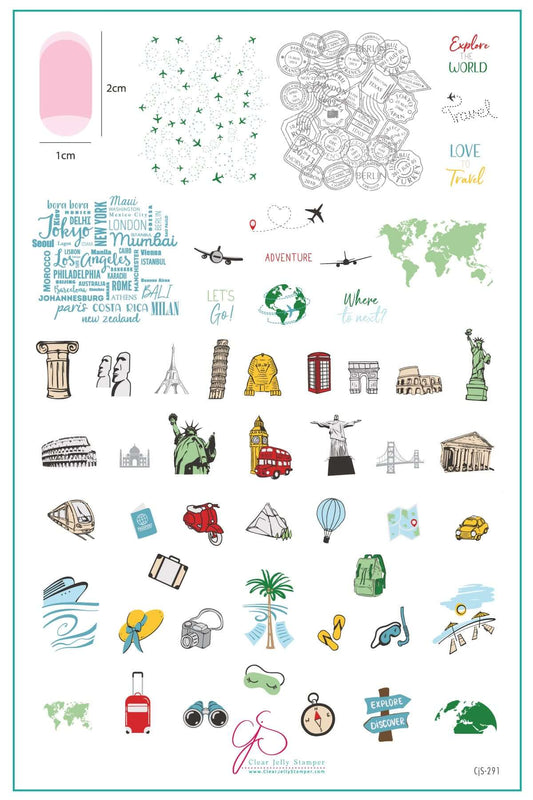 layered-nail-art-stamping-plate-inspo-card-showing-colorful-designs-of-iconic-world-landmarks-planes-travel-equipment-and-words-for-nail-art