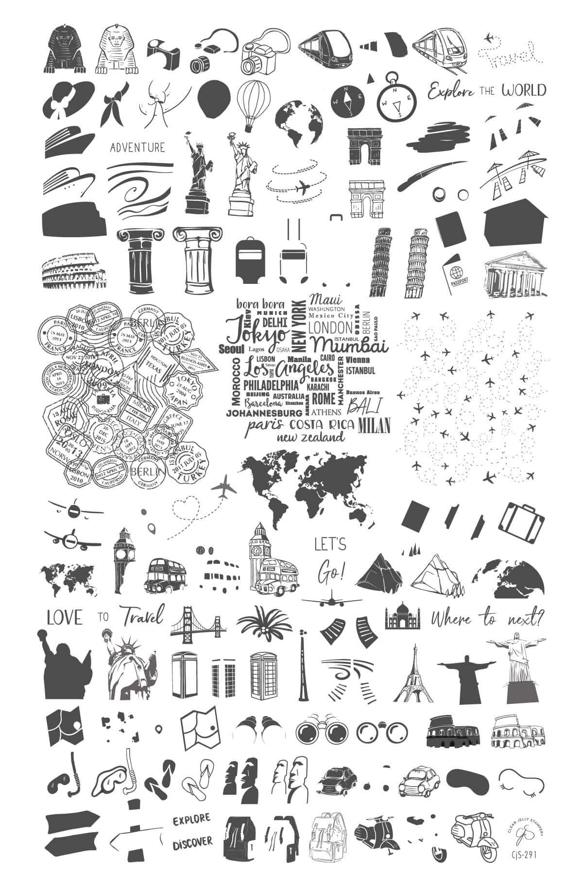 layered-nail-art-stamping-plate-showing-designs-of-iconic-world-landmarks-planes-travel-equipment-and-words-for-nail-art