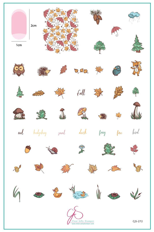 layered-nail-art-stamping-plate-inspo-card-with-colorful-designs-of-an-owl-fox-hedgehogs-leaves-mushrooms-and-words-for-nail-art