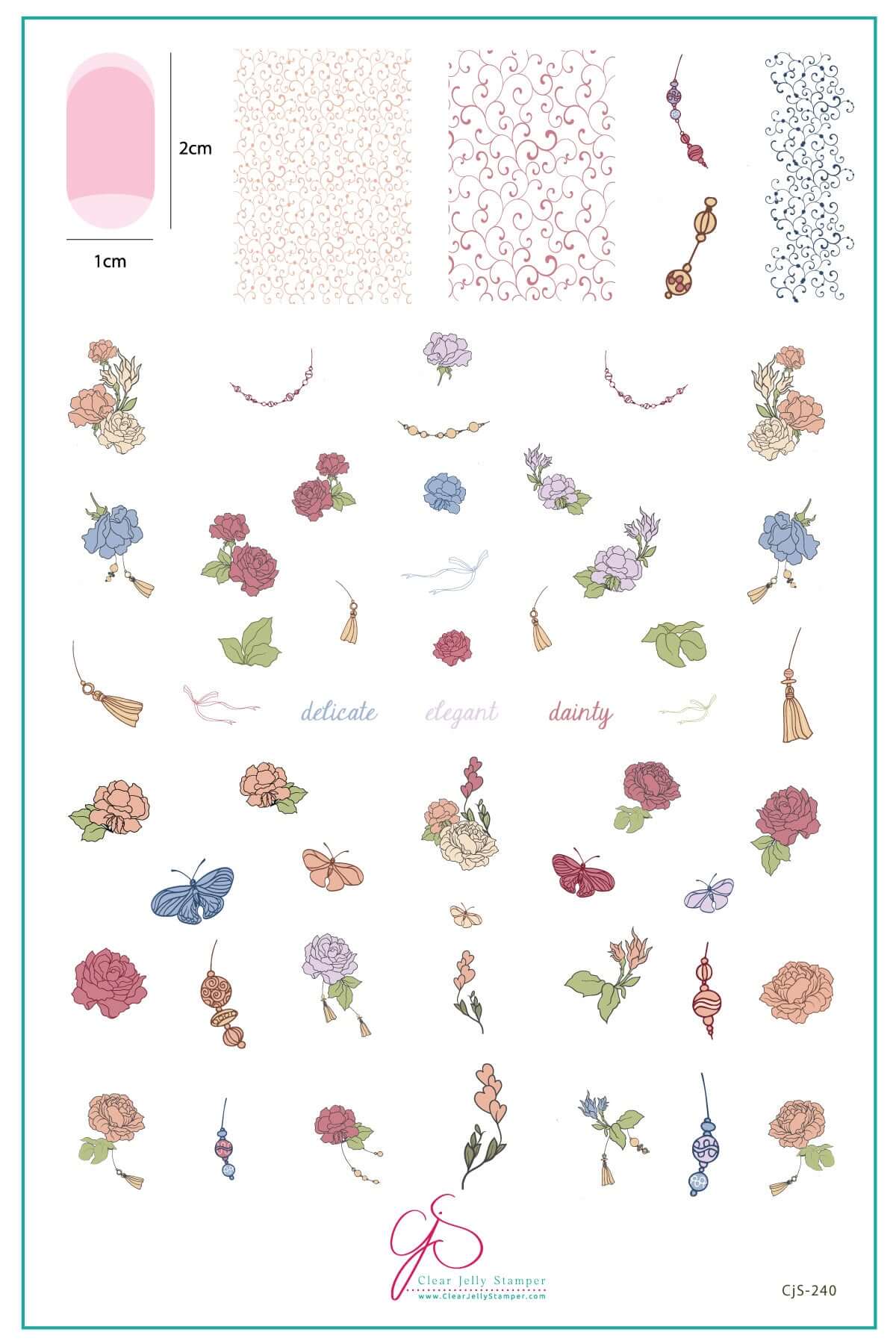 layered-nail-art-stamping-plate-inspo-card-with-colorful-designs-of-flowers-butterflies-tassles-swirls-and-words-for-nail-art