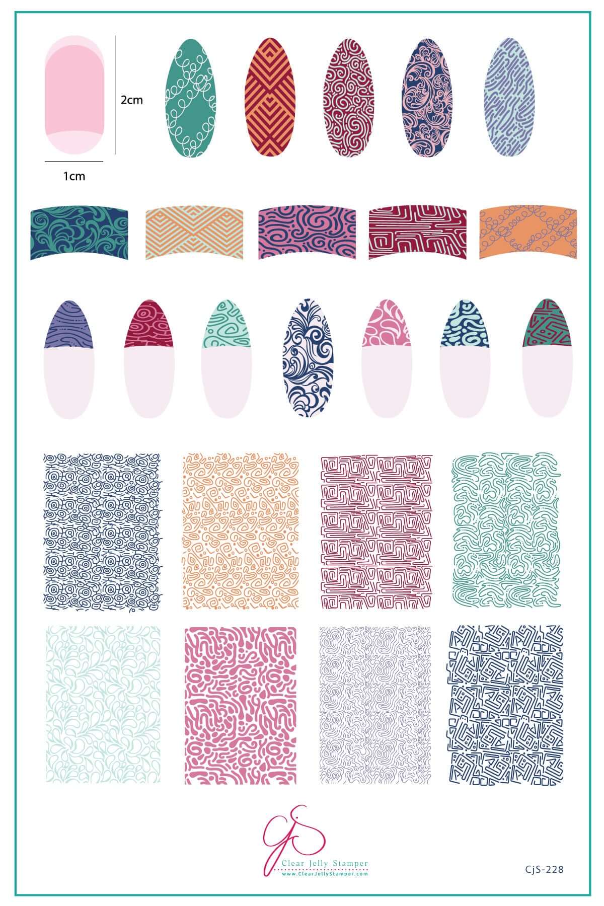 layered-nail-art-stamping-plate-inspo-card-with-colourful-designs-of-full-coverage-and-french-tip-patterns-swirls-and-squiggles