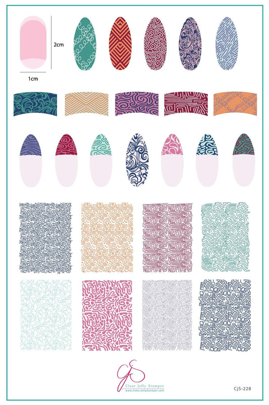 layered-nail-art-stamping-plate-inspo-card-with-colourful-designs-of-full-coverage-and-french-tip-patterns-swirls-and-squiggles