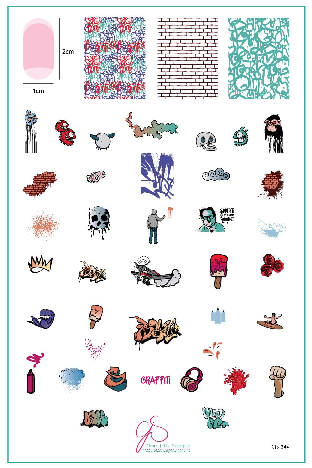 layered-nail-art-stamping-plate-inspo-card-showing-colorful-designs-of-graffti-style-images-spray-paint-and-words-for-nail-art