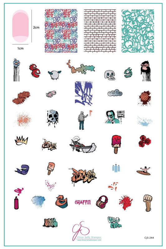 layered-nail-art-stamping-plate-inspo-card-showing-colorful-designs-of-graffti-style-images-spray-paint-and-words-for-nail-art