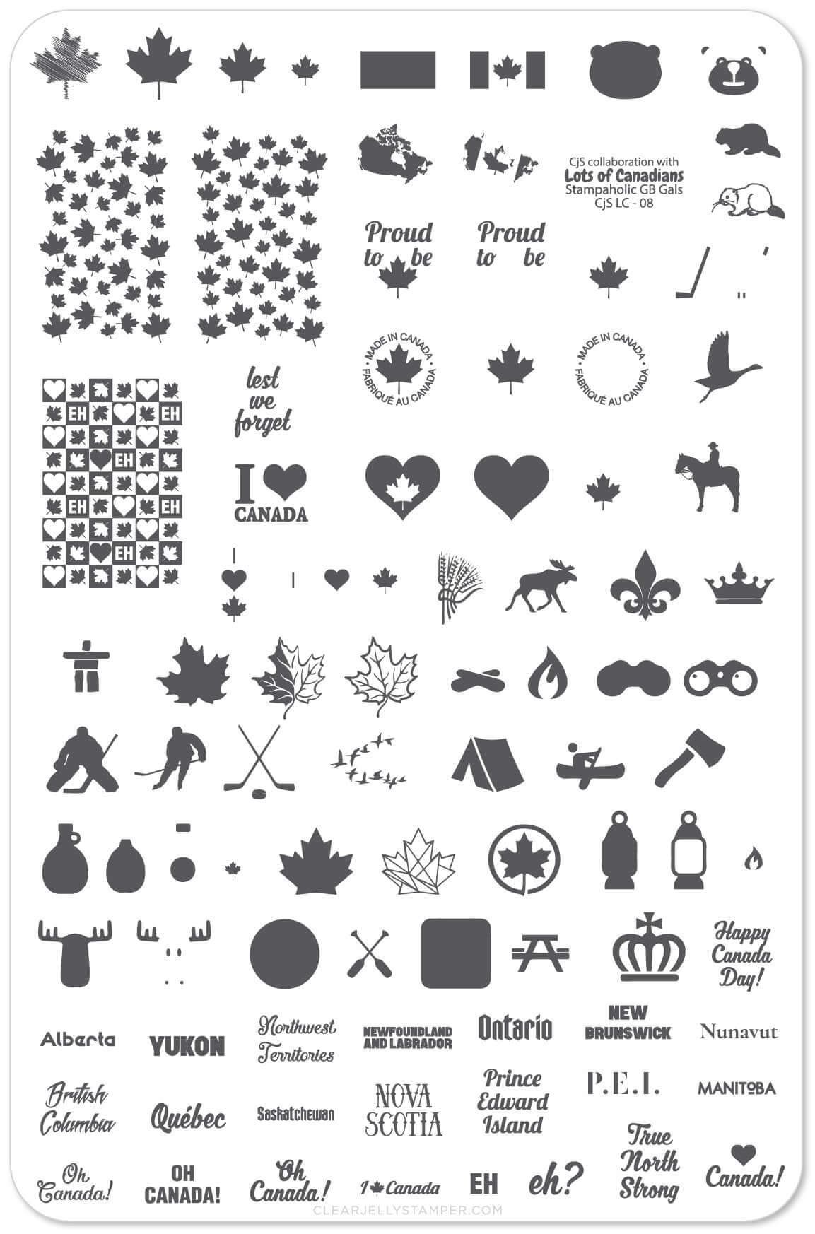 layered-nail-art-stamping-plate-with-canadiana-designs-of-maple-leaves-beavers-moose-gnomes