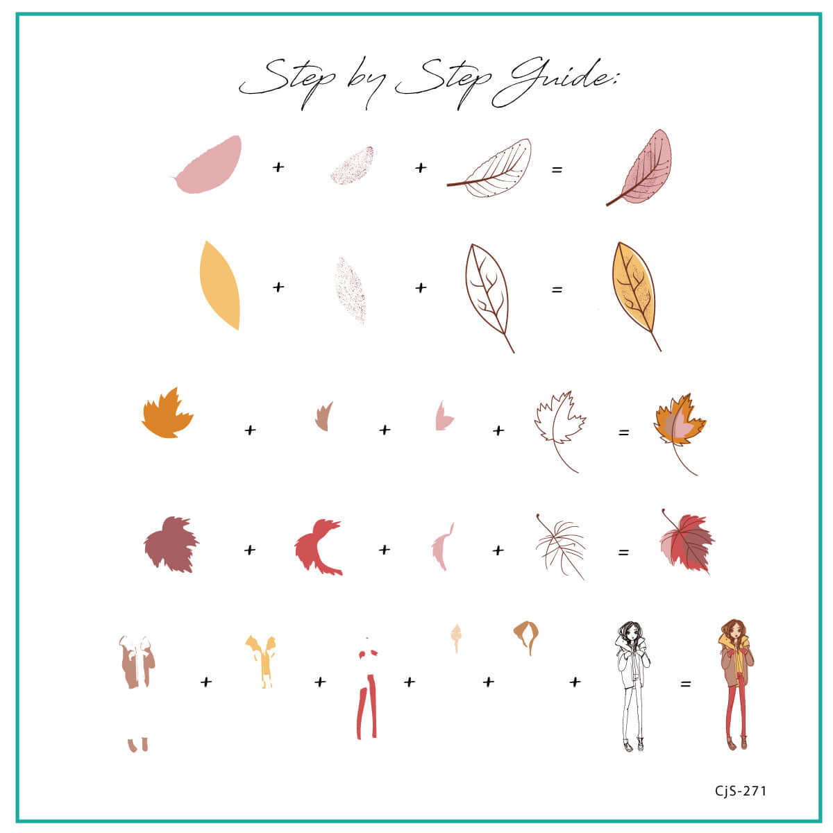 layered-nail-art-stamping-plate-how-to-card-with-colorful-designs-of-leaves-a-girl