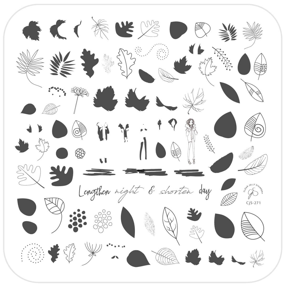 layered-nail-art-stamping-plate-with-designs-of-leaves-a-girl-and-words-for-nail-art