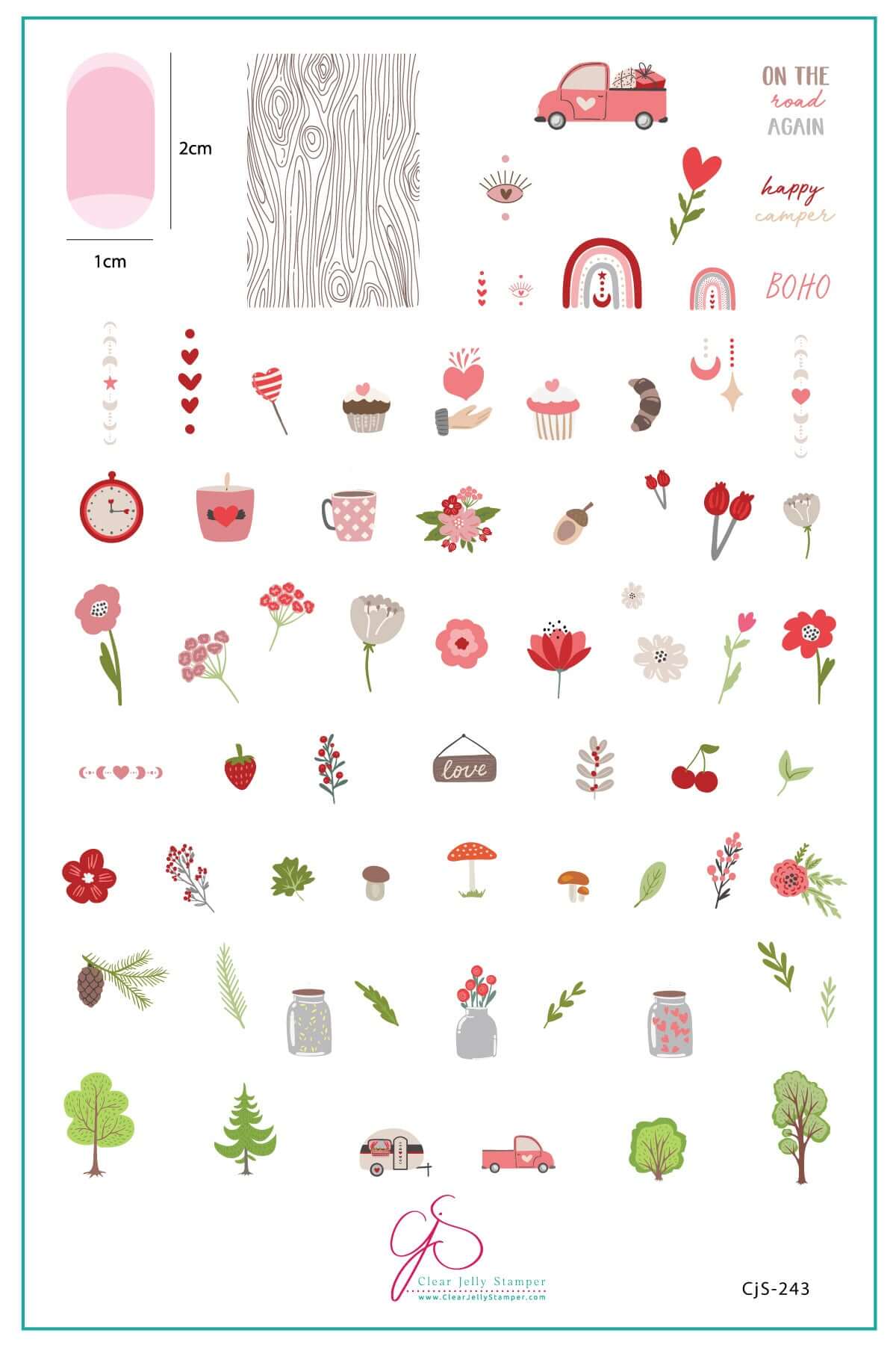 layered-nail-art-stamping-plate-inspo-card-with-colourful-designs-of-trees-hearts-flowers-toodstools-and-words-for-nail-art