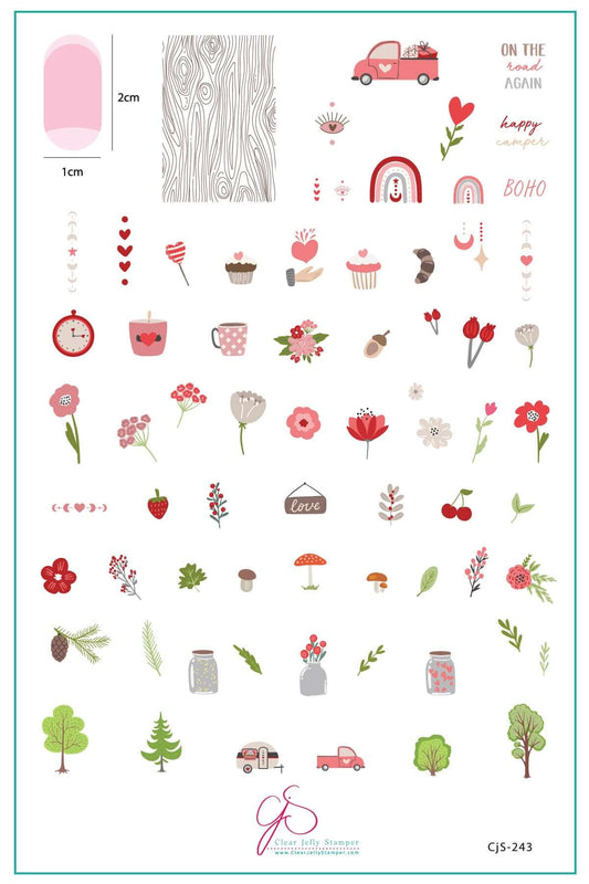 layered-nail-art-stamping-plate-inspo-card-with-colourful-designs-of-trees-hearts-flowers-toodstools-and-words-for-nail-art