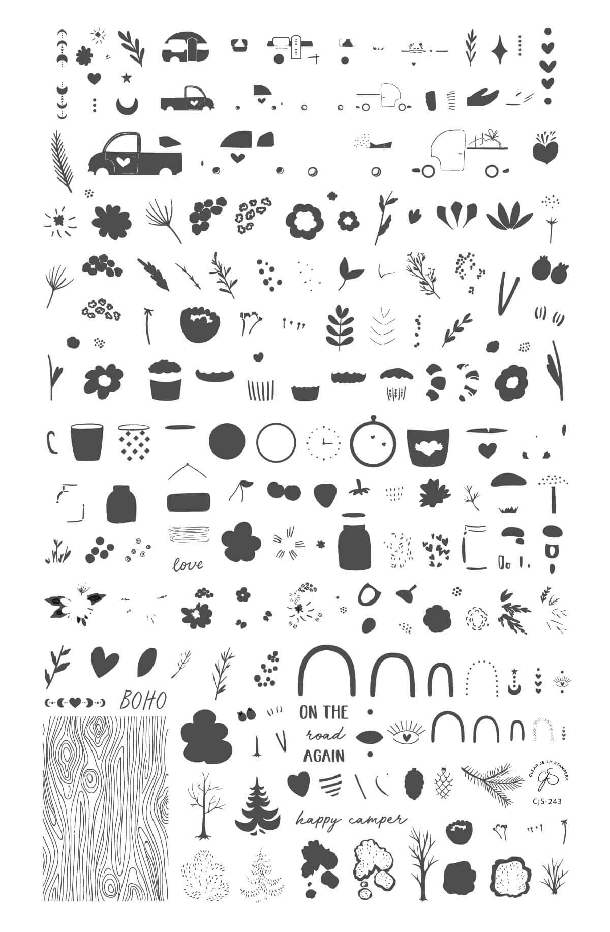 layered-nail-art-stamping-plate-with-designs-of-trees-hearts-flowers-toodstools-and-words-for-nail-art