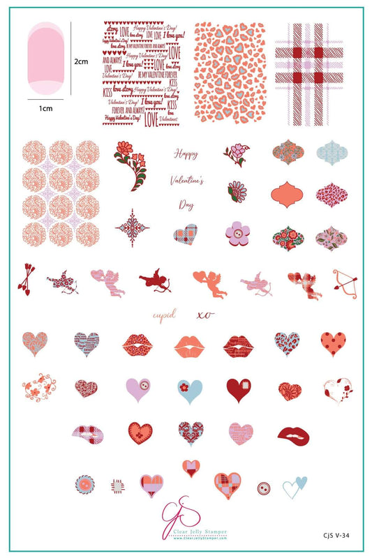 layered-nail-art-stamping-plate-inspo-card-showing-colourful-designs-of-patchwork-hearts-lips-cherubs-and-words-for-nail-art