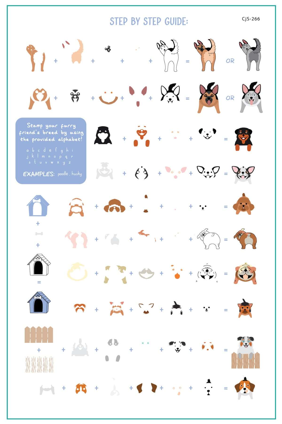 layered-nail-art-stamping-plate-how-to-card-with-colouful-designs-of-different-dogs-breeds-and-words-for-nail-art