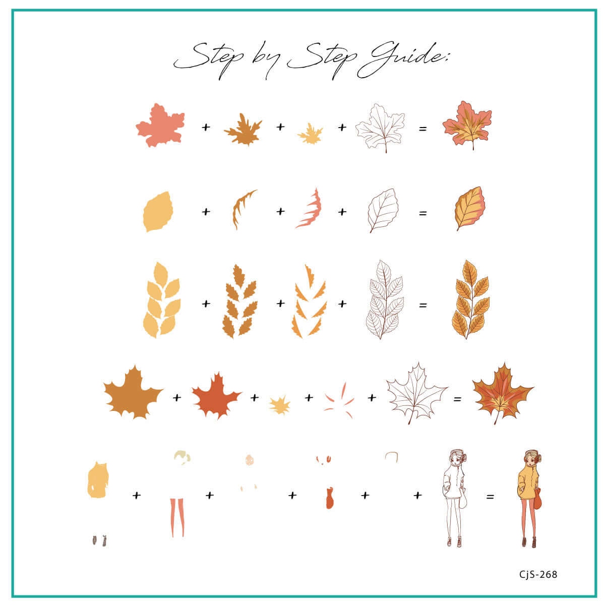 layered-nail-art-stamping-plate-how-to-card-with-colorful-designs-of-leaves-acorns-swirls-and-a-girl